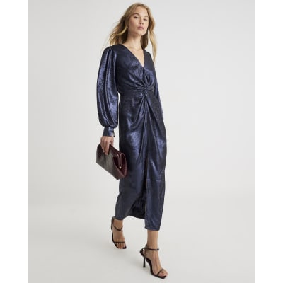 Navy Satin Long Sleeve Twist Front Midi Dress