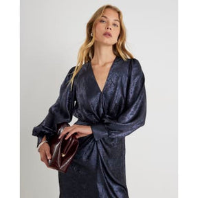 Navy Satin Long Sleeve Twist Front Midi Dress
