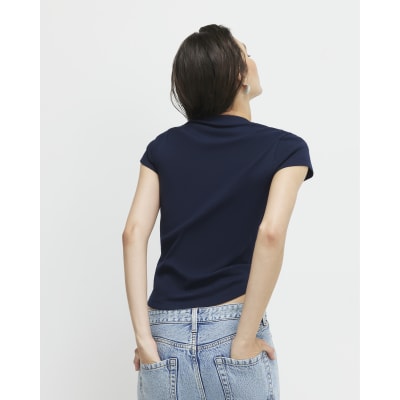 Navy Short Sleeve Fitted Ribbed T-Shirt