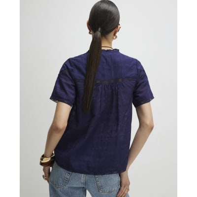 Navy Short Sleeve Lace Button Through Blouse