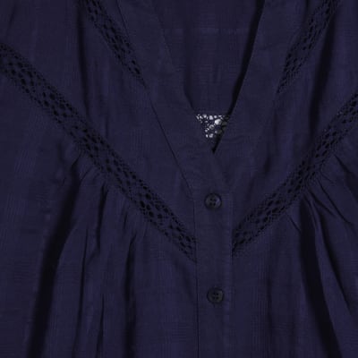 Navy Short Sleeve Lace Button Through Blouse