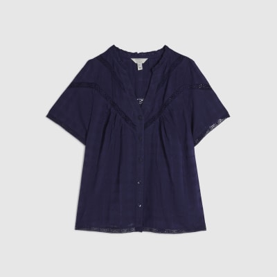 Navy Short Sleeve Lace Button Through Blouse