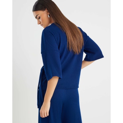 Navy Short Sleeve Ribbed Tie Detail Top