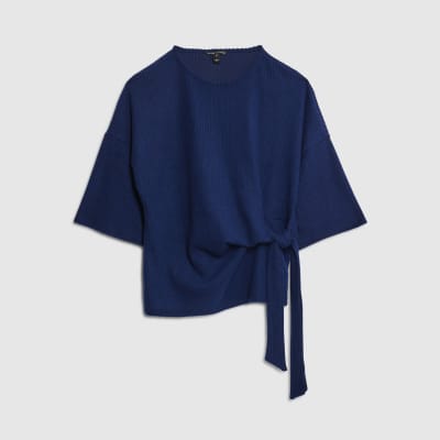 Navy Short Sleeve Ribbed Tie Detail Top