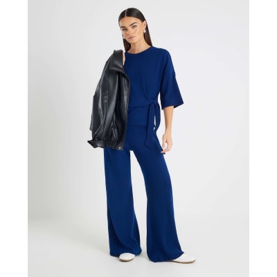 Navy Short Sleeve Ribbed Tie Detail Top