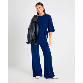 Navy Short Sleeve Ribbed Tie Detail Top