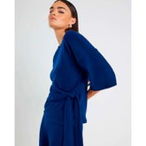 Navy Short Sleeve Ribbed Tie Detail Top