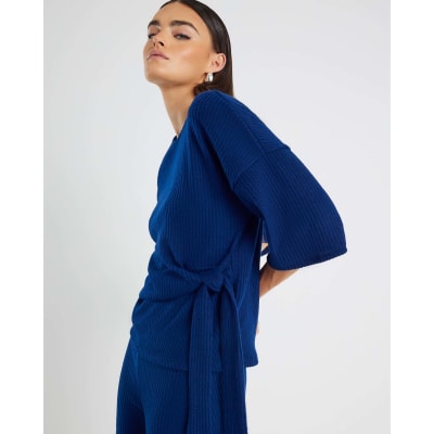 Navy Short Sleeve Ribbed Tie Detail Top