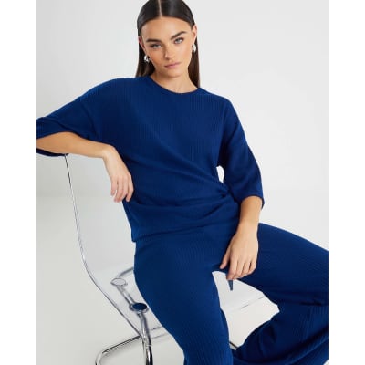 Navy Short Sleeve Ribbed Tie Detail Top