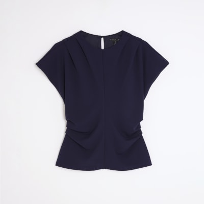 Navy Short Sleeve Ruched Top