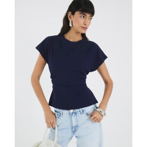 Navy Short Sleeve Ruched Top