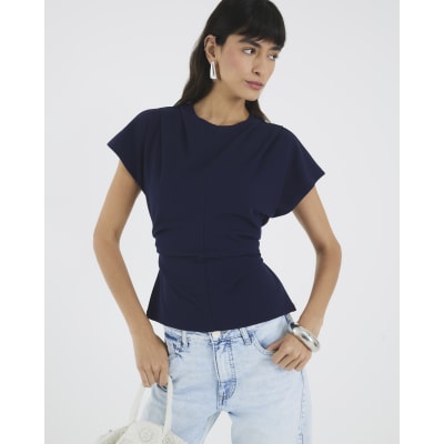 Navy Short Sleeve Ruched Top