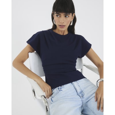 Navy Short Sleeve Ruched Top