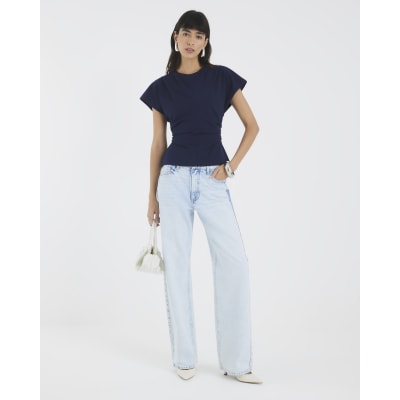 Navy Short Sleeve Ruched Top