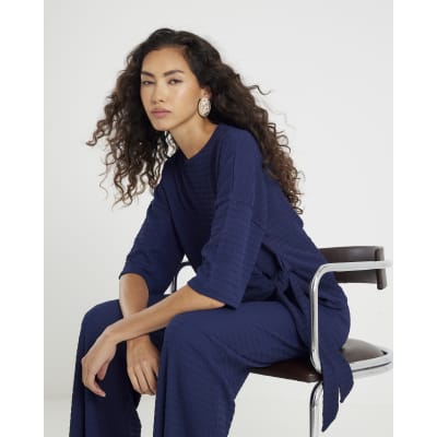 Navy Short Sleeve Textured Tie T-shirt