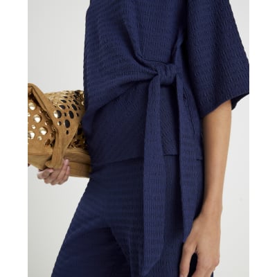 Navy Short Sleeve Textured Tie T-shirt