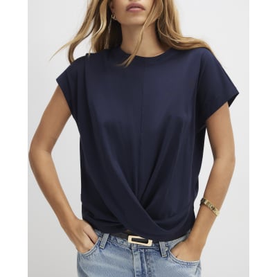 Navy Short Sleeve Twist Front T-Shirt
