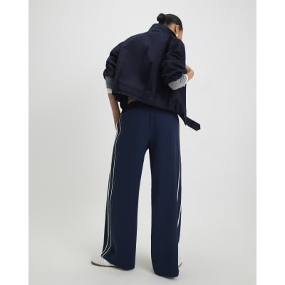 Navy Side Stripe Drawstring Wide Leg Joggers