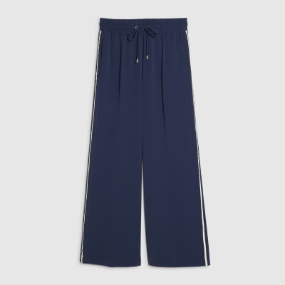 Navy Side Stripe Drawstring Wide Leg Joggers