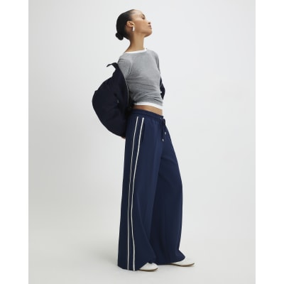 Navy Side Stripe Drawstring Wide Leg Joggers