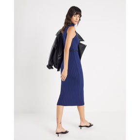 Navy Sleeveless Belted Rib Dress