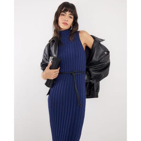 Navy Sleeveless Belted Rib Dress