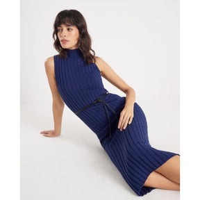 Navy Sleeveless Belted Rib Dress