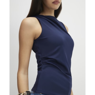 Navy Sleeveless Slash Neck Top