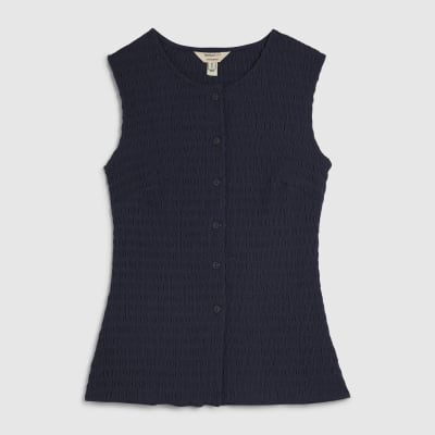 Navy Sleeveless Textured Button Through Top