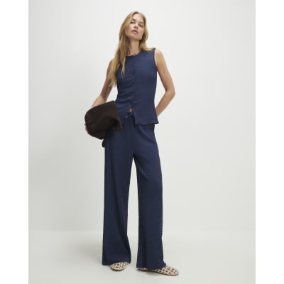 Navy Sleeveless Textured Button Through Top