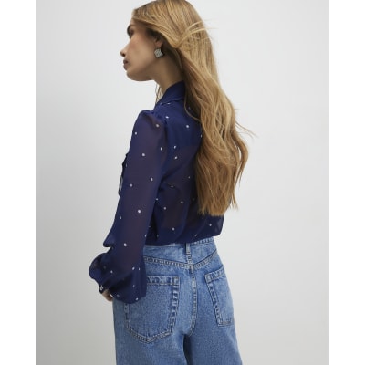 Navy Spot Print Scallop Detail Chiffon Shirt