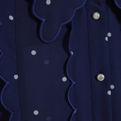 Navy Spot Print Scallop Detail Chiffon Shirt