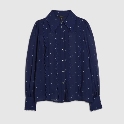 Navy Spot Print Scallop Detail Chiffon Shirt
