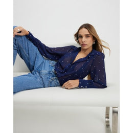 Navy Spot Print Scallop Detail Chiffon Shirt
