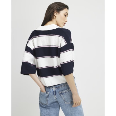 Navy Striped Knitted Polo Shirt