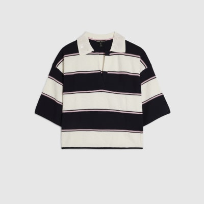 Navy Striped Knitted Polo Shirt