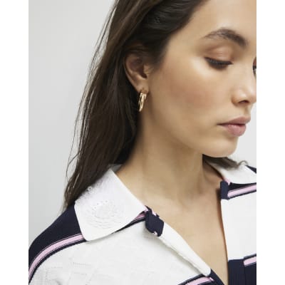 Navy Striped Knitted Polo Shirt
