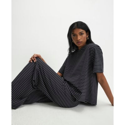 Navy Striped Wide Leg Trousers