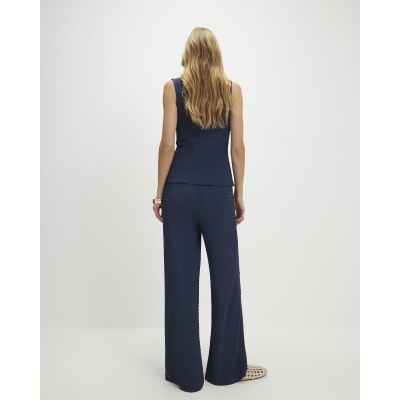 Navy Textured Drawstring Wide Leg Trousers