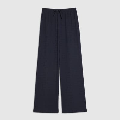 Navy Textured Drawstring Wide Leg Trousers