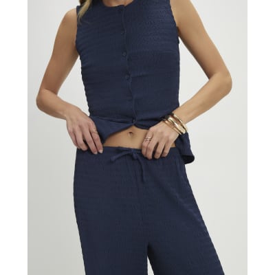 Navy Textured Drawstring Wide Leg Trousers
