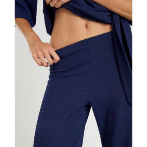 Navy Textured Wide Leg Trousers