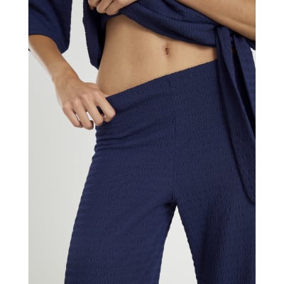 Navy Textured Wide Leg Trousers