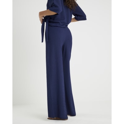 Navy Textured Wide Leg Trousers