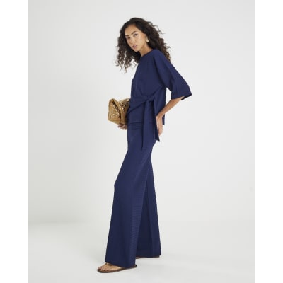 Navy Textured Wide Leg Trousers