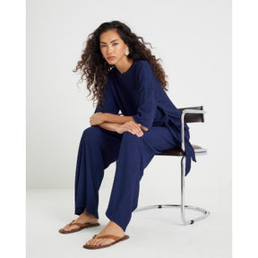 Navy Textured Wide Leg Trousers