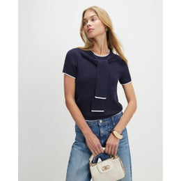 Navy Tie Neck Knitted Top