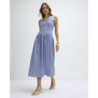 Navy V Neck Stripe Midi Dress