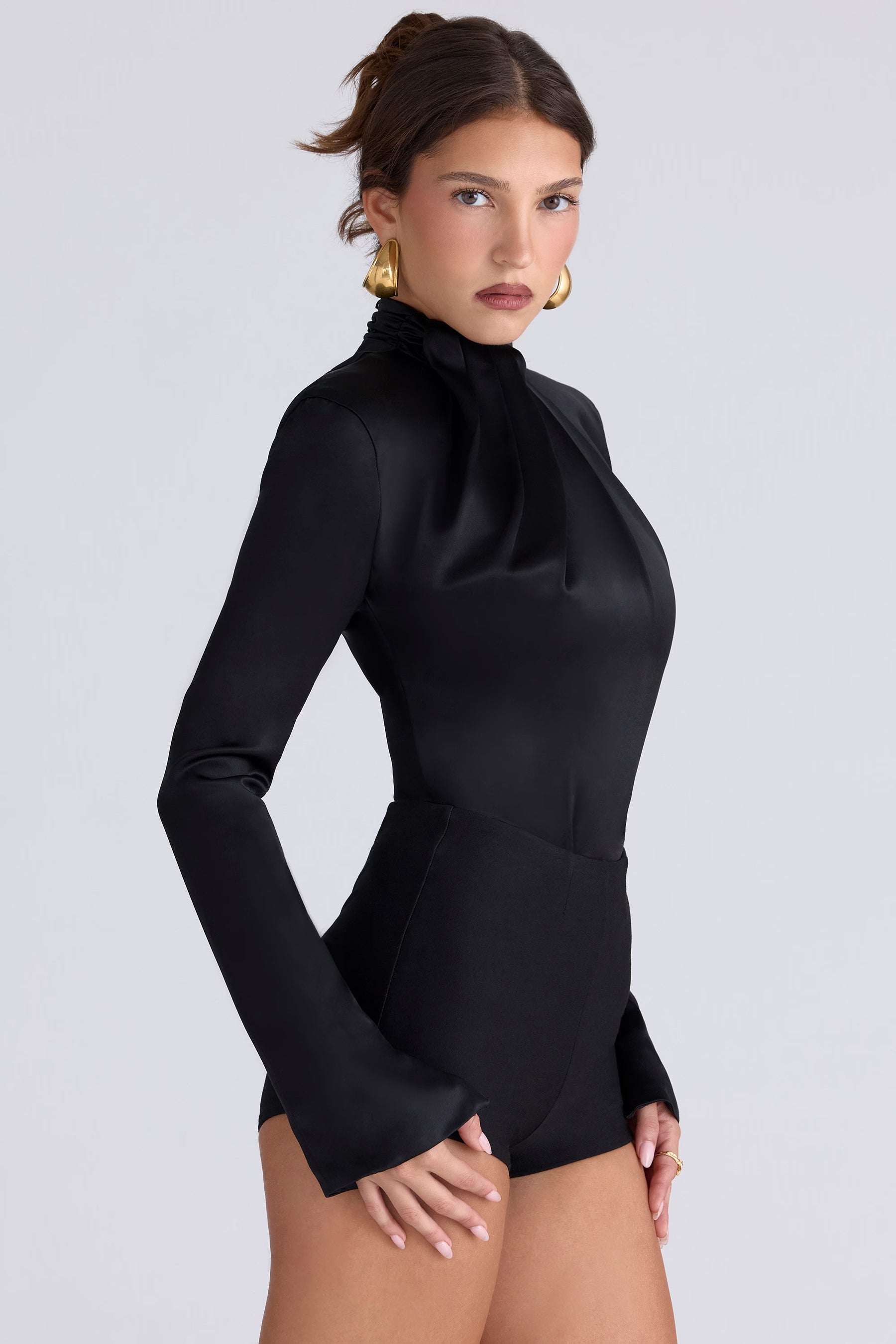Neneh black satin high neck long sleeve bodysuit