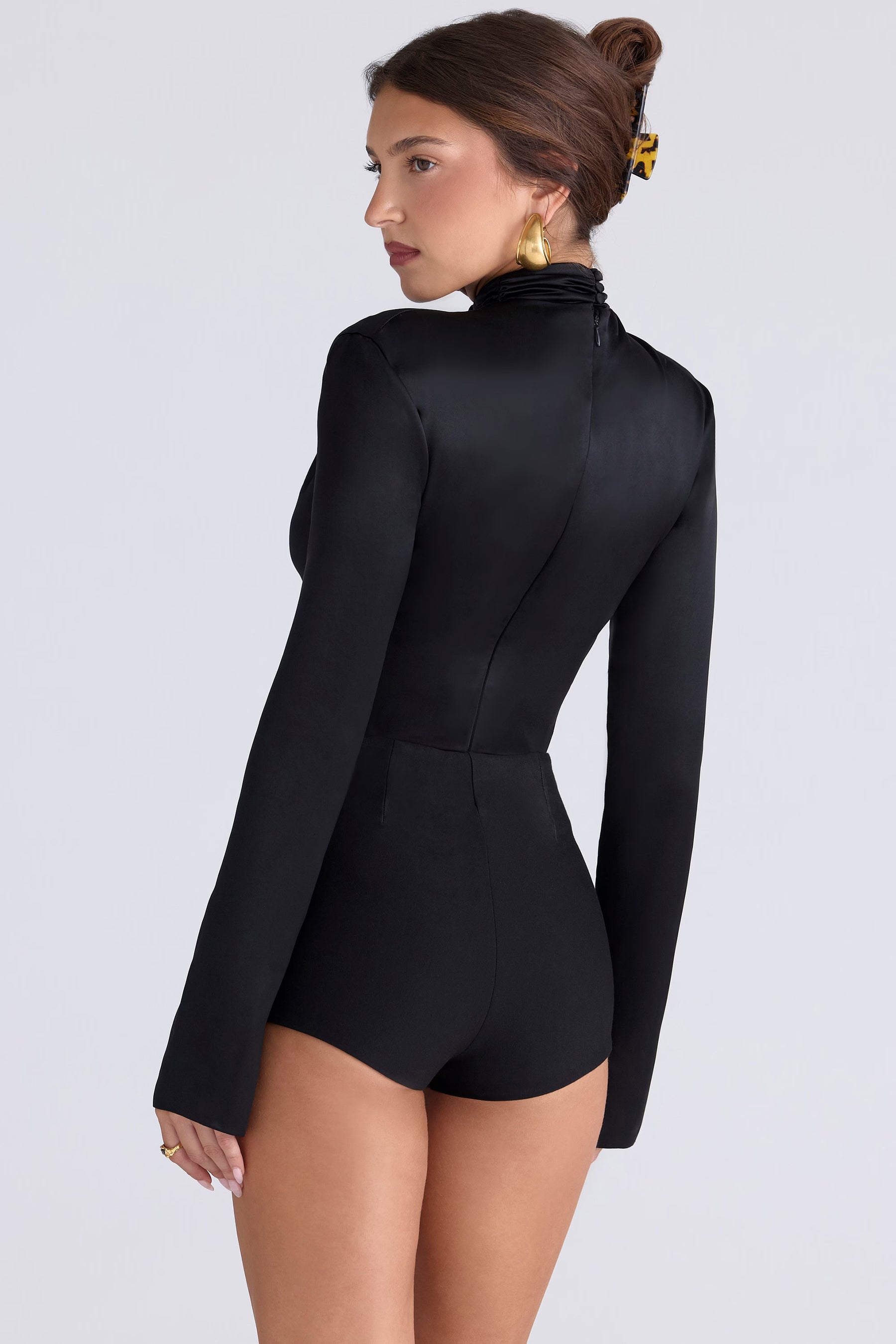 Neneh black satin high neck long sleeve bodysuit